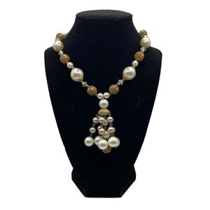 Vintage 1970s AB Crystal Beads, Gold Filigree And Faux Pearls Tassel Necklace